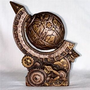 Vintage Cast Iron Globe Armillary Sundial Bronze Steampunk Clock SMALL Doorstop